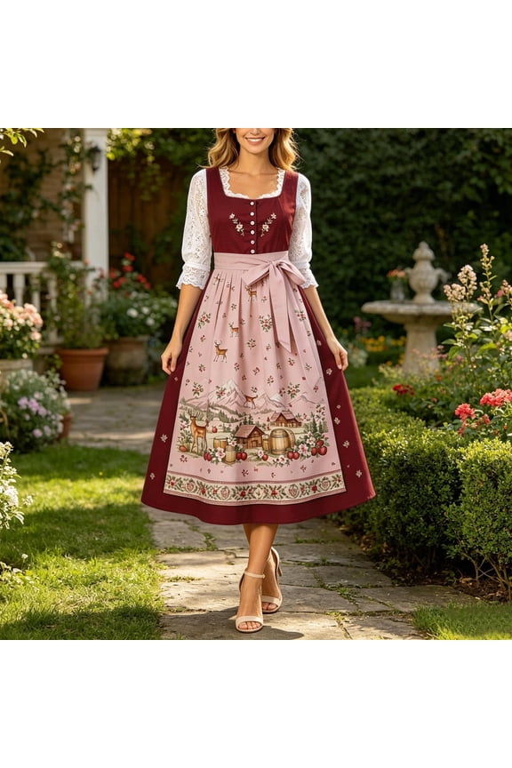 Sleeveless Summer Casual Dresses for Women Flowy Long German Oktoberfest Dirndl Dress Square Neckline Beer Carnival Loose Fit Dresses