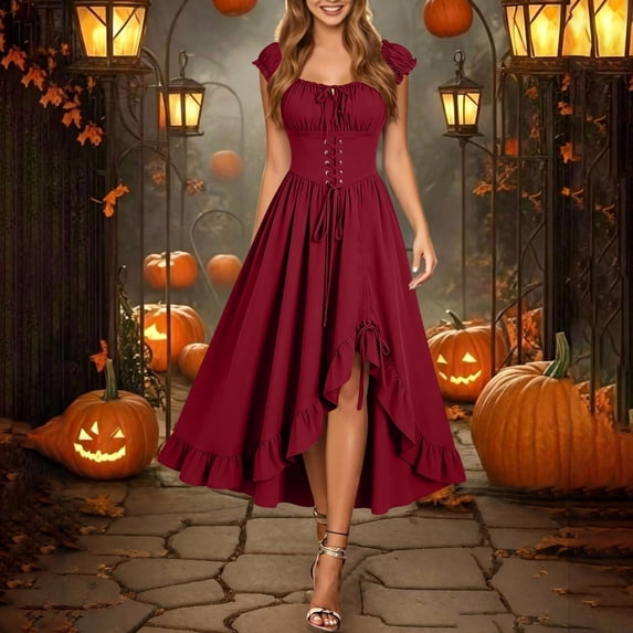 QUNYINEY Sleeveless Summer Dresses for Women Plus Size Halloween Vintage Long Gothic Dress Square Neckline Ruffle Renaissance Casual Loose Fit Dresses