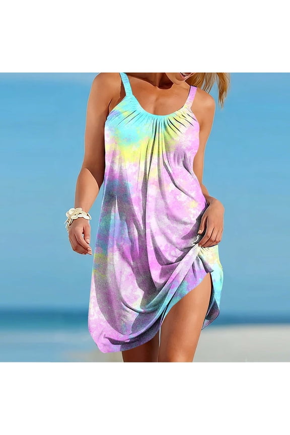Sleeveless Sun Dresses Women Mini Summer Tie Dye Sundress Vacation Casual Beach Relaxed Fit Crew Neck Dresses