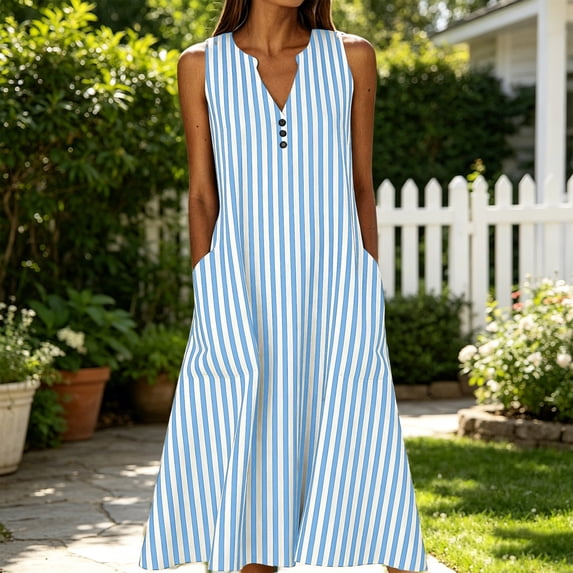 QUNYINEY Sleeveless Sun Dresses Women Summer Casual A Line Summer Striped Long Tank Dress Drop Shoulder Loose Fit Button with Pockets V Neck Dresses