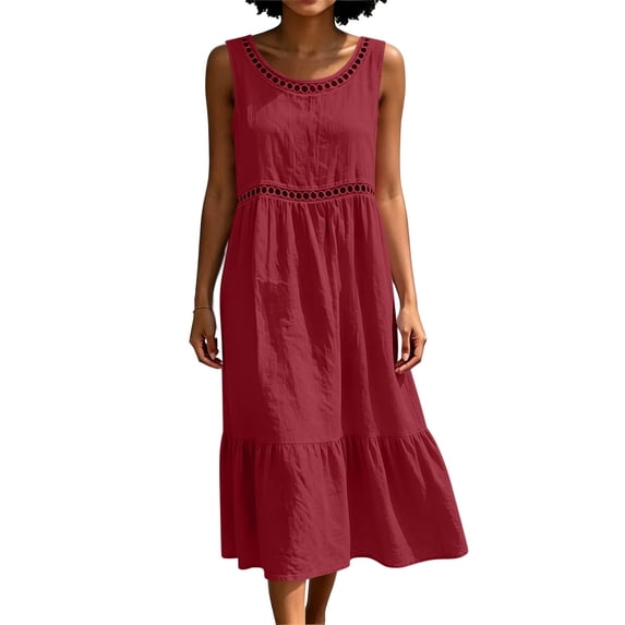 QUNYINEY Sleeveless Sundresses for Women Cotton Linen Midi Summer A Line Dress Ruffle Solid Crew Neck Flowy Loose Fit Dresses