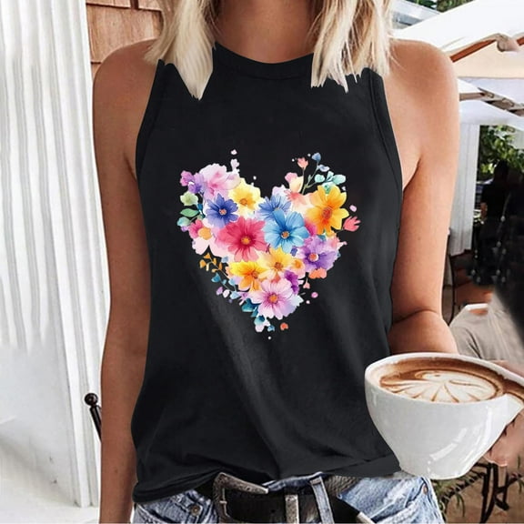 QUNYINEY Sleeveless Tank Top Women Casual Crewneck Love Heart Muscle Shirts Loose Summer Tank Tops