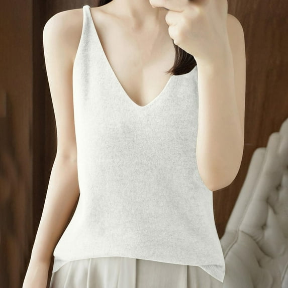 QUNYINEY Sleeveless Tank Top Women Casual V Neck Camisole Solid Shirts Loose Knit Tank Tops