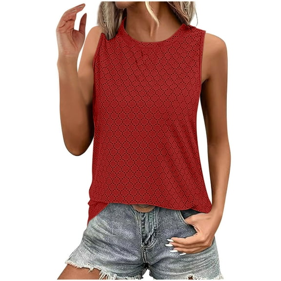 QUNYINEY Sleeveless Tank Top Women Solid Muscle Crewneck Casual Shirts Loose Summer Cut Out Tank Tops