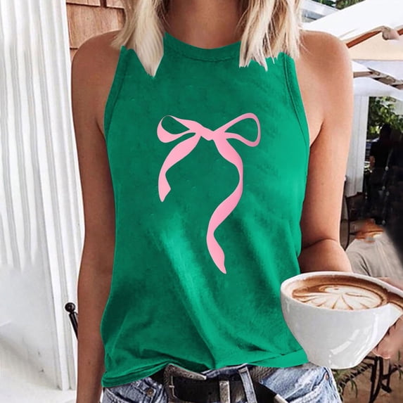 QUNYINEY Sleeveless Tank Top for Women Casual Muscle Crewneck Bow Shirts Summer Loose Tank Tops