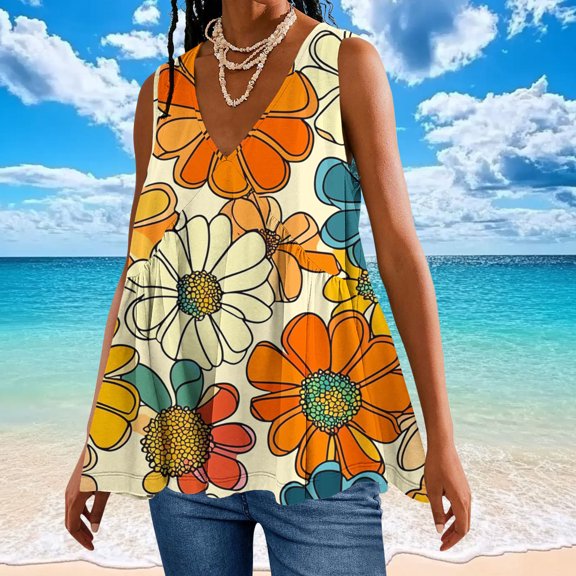 QUNYINEY Sleeveless Tank Tops for Women 2025 Casual V Neck Floral Camisole Tops Flowy Summer Loose Tank Tops
