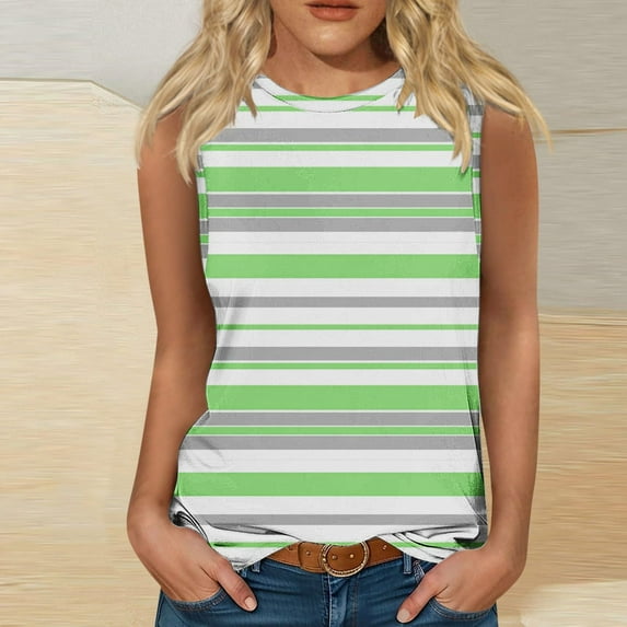 QUNYINEY Sleeveless Tank Tops for Women Crewneck Striped Muscle Casual Shirts Loose Summer Tank Tops