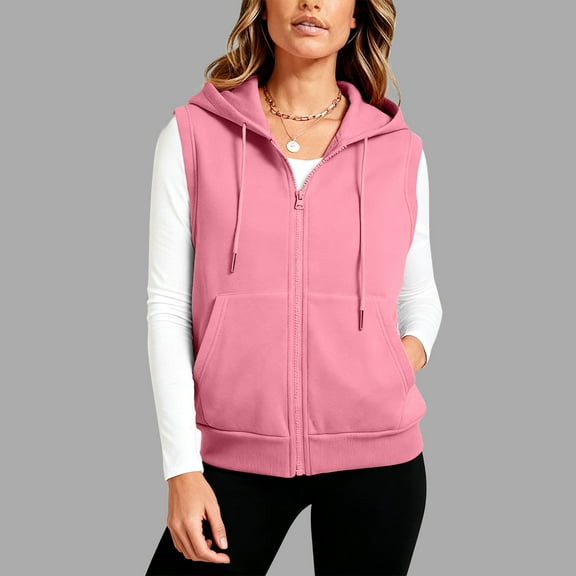 QUNYINEY Sleeveless Vest for Women Zip Up Pink Light Waistcoat Pockets Loose Fit with Hood Women's Jackets