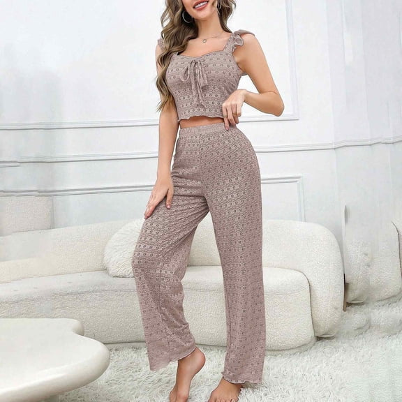 QUNYINEY Sleeveless Women Pajama Set with Bow 2 Piece Lace Brown Tank Tops And Pants Ruffle Square Neck Ladies Loungewear Sets