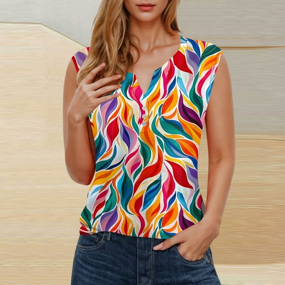 QUNYINEY Sleeveless Women Shirts Leaf Casual V Neck Pullover Tank Tops Loose Button Graphic Tees
