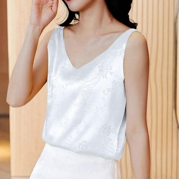 QUNYINEY Sleeveless Women Tank Top Floral V Neck Camisole Casual Tops Loose Soft Satin Tank Tops