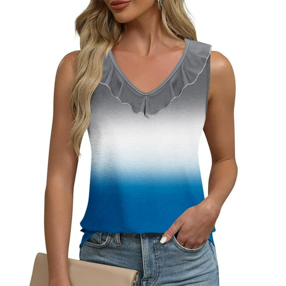 QUNYINEY Sleeveless Women Tank Top V Neck Casual Camisole Gradient Shirts Ruffle Summer Loose Tank Tops