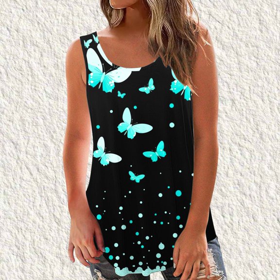 QUNYINEY Sleeveless Women's T-Shirts Casual Butterfly Pullover Crewneck Tank Tops Loose Summer Graphic Tees