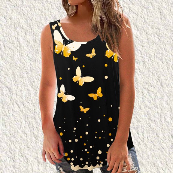 QUNYINEY Sleeveless Women's T-Shirts Crewneck Pullover Butterfly Casual Tank Tops Loose Summer Graphic Tees