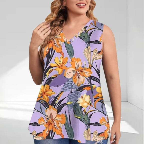 QUNYINEY Sleeveless Women's Tank Tops Camisole Floral V Neck Casual Tops Summer Plus Size Loose Tank Tops