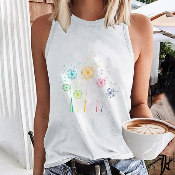 QUNYINEY Sleeveless Women's Tank Tops Dandelion Casual Muscle Crewneck Shirts Summer Loose Tank Tops