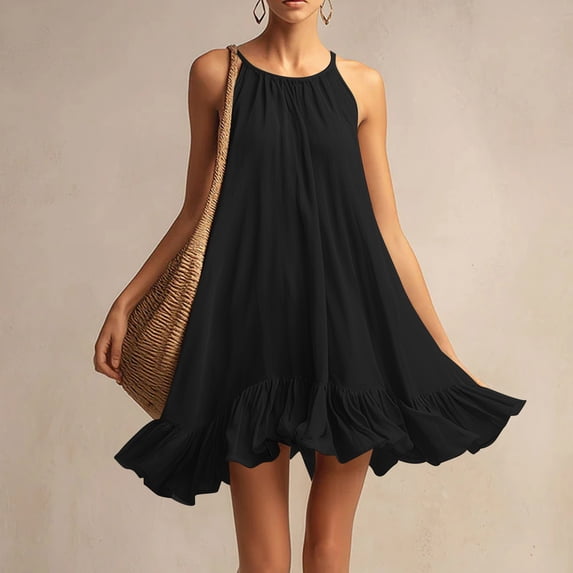 QUNYINEY Sleeveless Womens Dress Black Summer Cotton Midi Sundress Crew Neck Ruffle Casual Loose Fit A Line Dresses