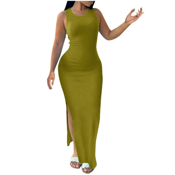 QUNYINEY Sleeveless Womens Dress Solid Casual Bodycon Dress Split Hem Crew Neck Maxi Sundress