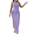 thumbnail image 1 of QUNYINEY Sleeveless Womens Dress Solid Casual Bodycon Dress Split Hem Crew Neck Maxi Sundress, 1 of 5