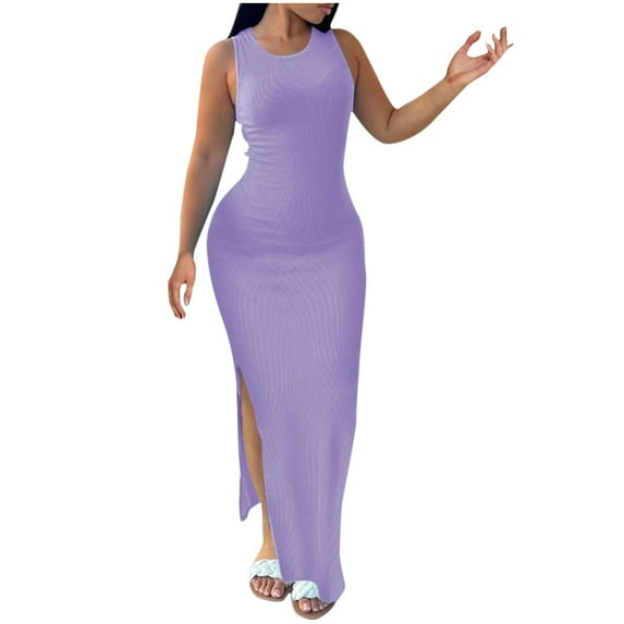 QUNYINEY Sleeveless Womens Dress Solid Casual Bodycon Dress Split Hem Crew Neck Maxi Sundress