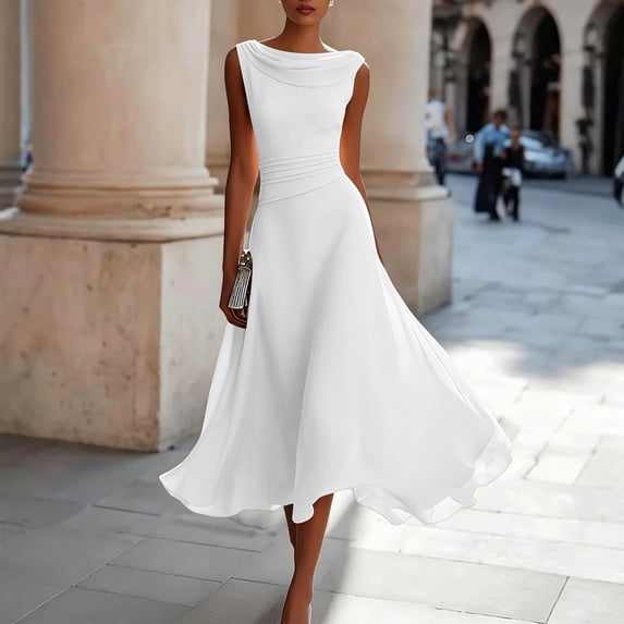 QUNYINEY Sleeveless Womens Dresses Wedding Guest White Long Flowy Elegant A Line Dress Crew Neck with Pockets Slim Fit Ruched Dresses