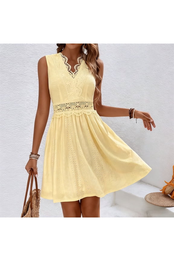 Sleeveless Womens Sun Dresses Jacquard Summer Midi Vintage Dress A Line Loose Fit Cutout V Neck Dresses