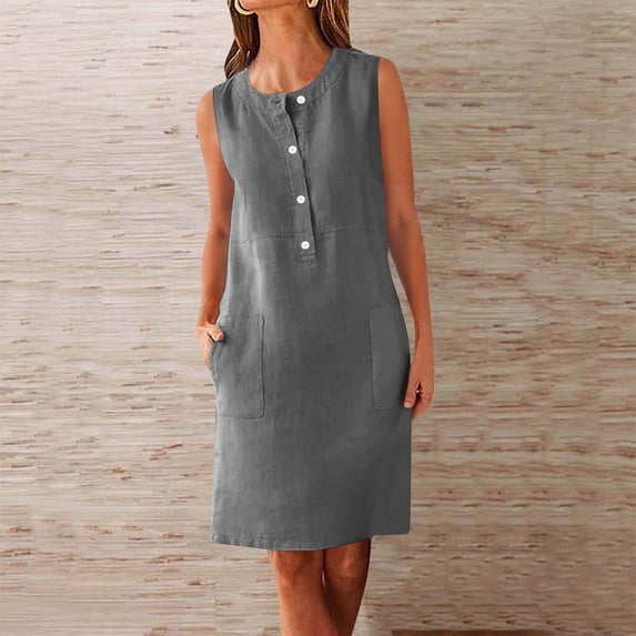 QUNYINEY Sleeveless Womens Sundresses Linen Solid Midi Dresses Button Crew Neck Relaxed Fit with Pockets Tank Dress