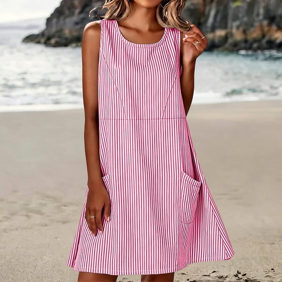 QUNYINEY Sleeveless Womens Sundresses Striped A Line Casual Midi Tank Dress Beach with Pockets Crew Neck Loose Fit Dresses