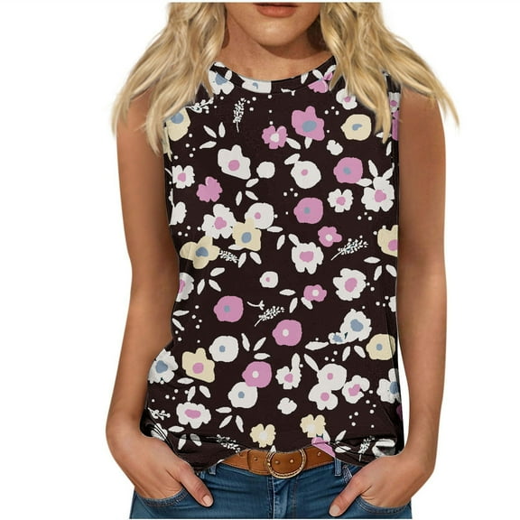 QUNYINEY Sleeveless Womens Tank Top Crew Neck Floral Casual Shirts Loose Summer Going Out Tank Tops
