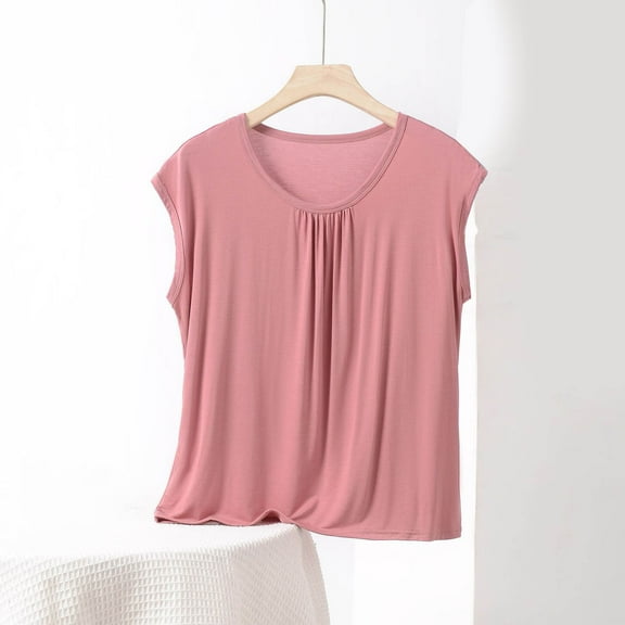 QUNYINEY Sleeveless Womens Tshirts Casual Crew Neck Solid Tops Pleated Pullover Loose Soft Shirts