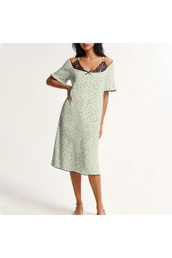 Sling Womens Nightgowns Lace Short Sleeve Polka Dot House Dress Off The Shoulder Comfy Below-The-Knee Womens Loungewear