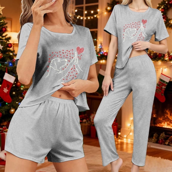QUNYINEY Soft Pajama Set Women Short Sleeve Animal Print Love Heart 3 Piece Top and Pants Crew Neck Loose Fit Outfits for Women 2025
