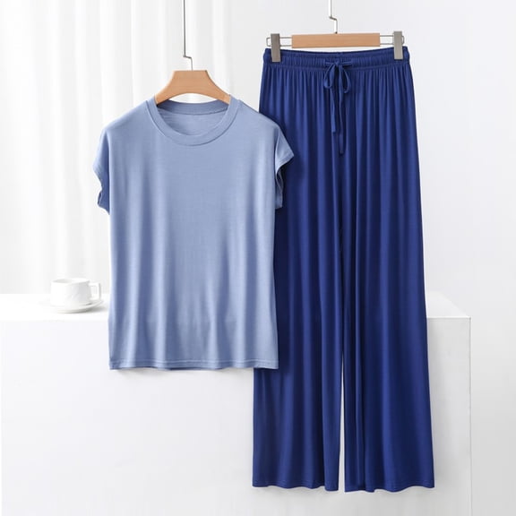 QUNYINEY Soft Pajama Set for Women Modal Blue 2 Piece Short Sleeve Shirts And Pants Casual Crew Neck Women Loungewear Set