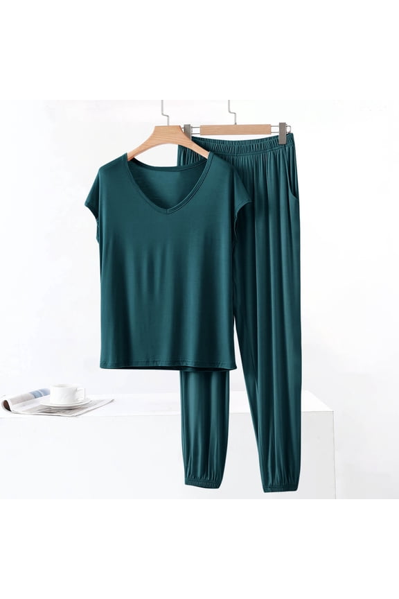 Soft Pajama Sets for Women Green Short Sleeve 2 Piece Cotton Top And Pants V Neck Casual Softies Loungewear Set for Women
