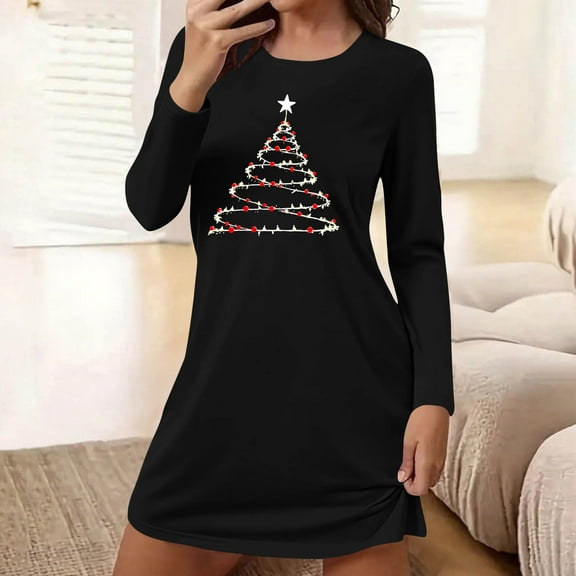 QUNYINEY Soft Pajamas for Women Set Crew Neck Christmas Long Sleeve Nightshirt Short Loose Fit Women's Sleepwear