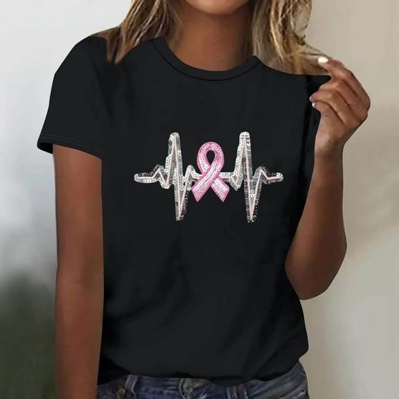 QUNYINEY Soft Tee Shirts Womens Short Sleeve Casual Breast Cancer Awareness Tops Pullover Loose Crew Neck Graphic Tees