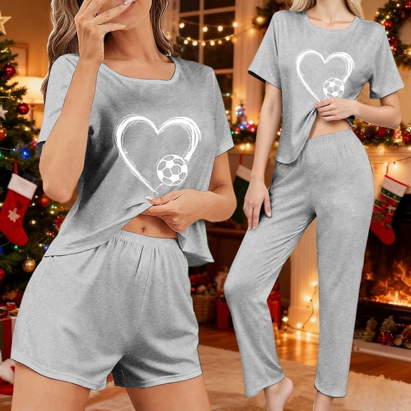QUNYINEY Soft Women's Pajamas Set Short Sleeve 3 Piece Love Heart Shirts and Pants Loose Fit Crew Neck Loungewear for Women