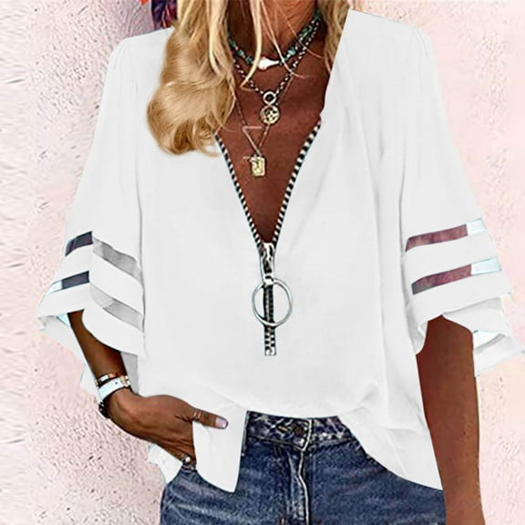 QUNYINEY Solid Blouse for Women Casual V Neck 3/4 Sleeve Tops Loose Half Zip Cutout Blouses