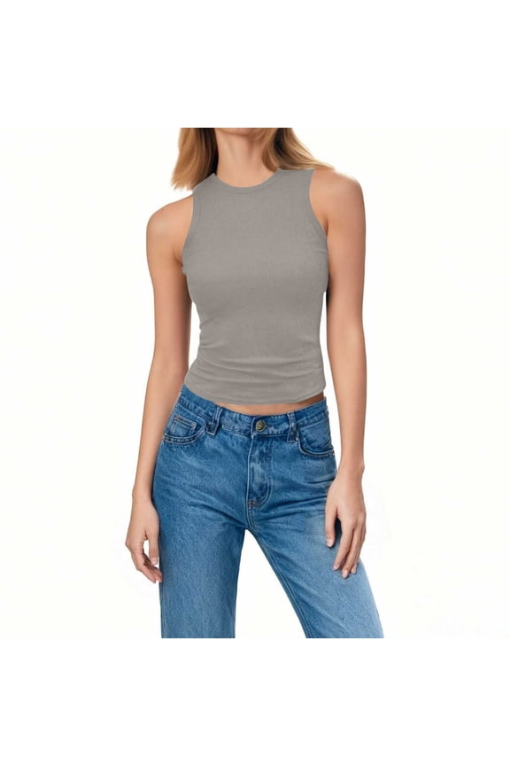 Solid Colors Women Tank Tops Crop Ribbed Knit Shirts Sleeveless Slim Fit Crew Neck Compression Womens Tops