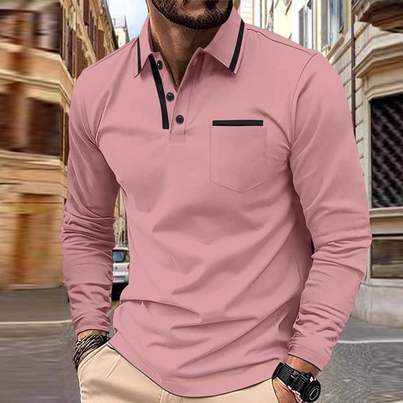 QUNYINEY Solid Mens Shirts Collared Long Sleeve Pink Casual Tops Drop Shoulder Loose Pullover with Pocket Button T-Shirts