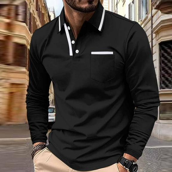 QUNYINEY Solid Mens T-Shirts Collared Casual Black Long Sleeve Tops Pullover Button Loose Drop Shoulder with Pocket T-Shirts
