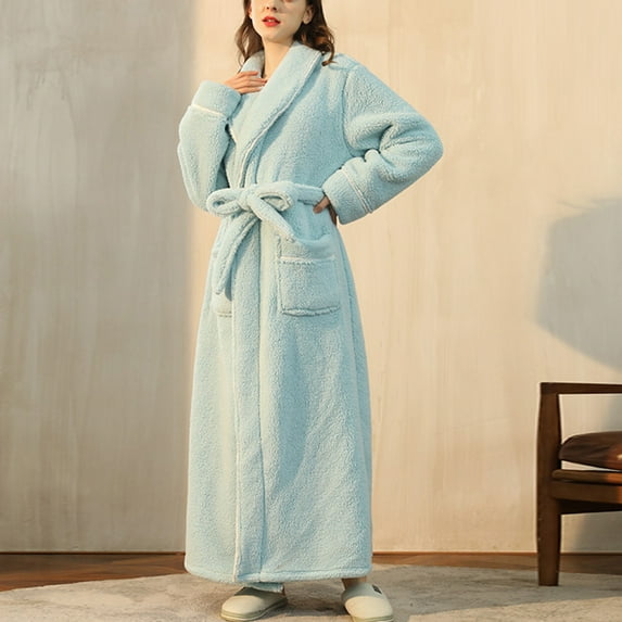 QUNYINEY Solid Robe Women Fleece Long Green Sleepwear Bathrobe Heavyweight Thicken Long Sleeve Shawl Collar Warm Belt Loungewear