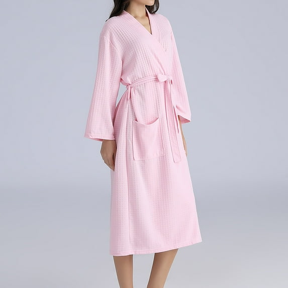 QUNYINEY Solid Robe Women Long Pink Waffle Bathrobe Sleepwear Long Sleeve Heavyweight with Pocket V Neck Belt Loungewear