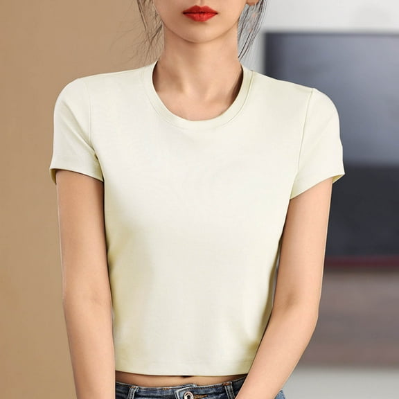 QUNYINEY Solid Shirts for Women Trendy Crew Neck Short Sleeve Casual Tops Pullover Breathable Loose Cotton Shirts