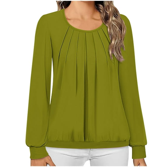 QUNYINEY Solid Shirts for Women Trendy Long Sleeve Crew Neck Casual Green Tops Pleated Loose Pullover Drop Shoulder T-Shirts