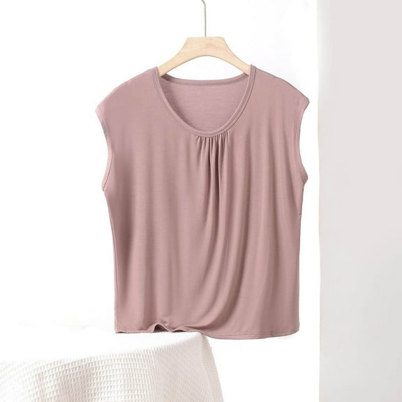 QUNYINEY Solid Shirts for Women Trendy Sleeveless Casual Crew Neck Tops Soft Pleated Loose Pullover Shirts