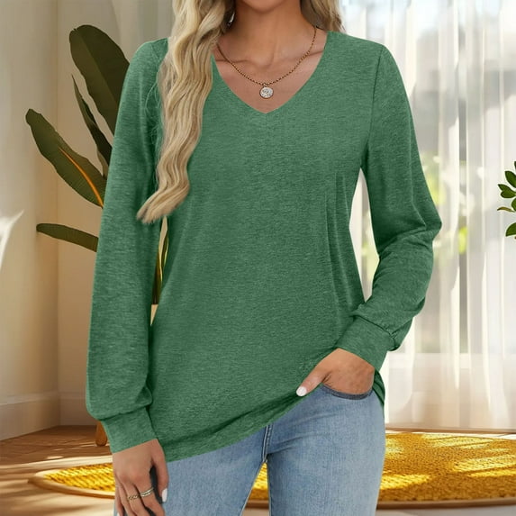 QUNYINEY Solid Shirts for Women Trendy V Neck Long Sleeve Casual Cotton Tops Loose Fit Basic Pullover Classic T-Shirt Fall Blouses for Women 2025
