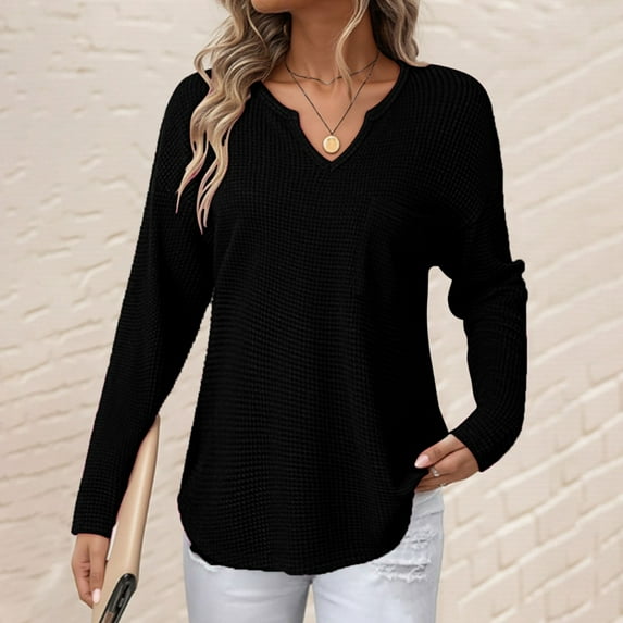 QUNYINEY Solid Shirts for Women V Neck Waffle Knit Long Sleeve Tops Casual Loose Fit Pullover with Pockets Womens Blouse