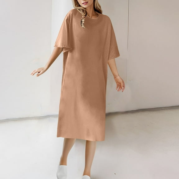 QUNYINEY Solid Spring Dresses for Women Casual Short Sleeve Tent Dress Crew Neck Midi Sundress