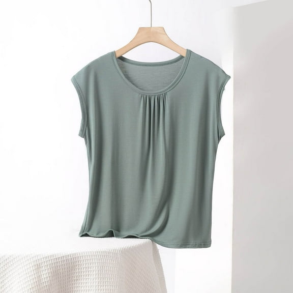 QUNYINEY Solid Spring Shirts for Women 2025 Casual Sleeveless Crew Neck Tops Soft Pleated Pullover Loose Shirts